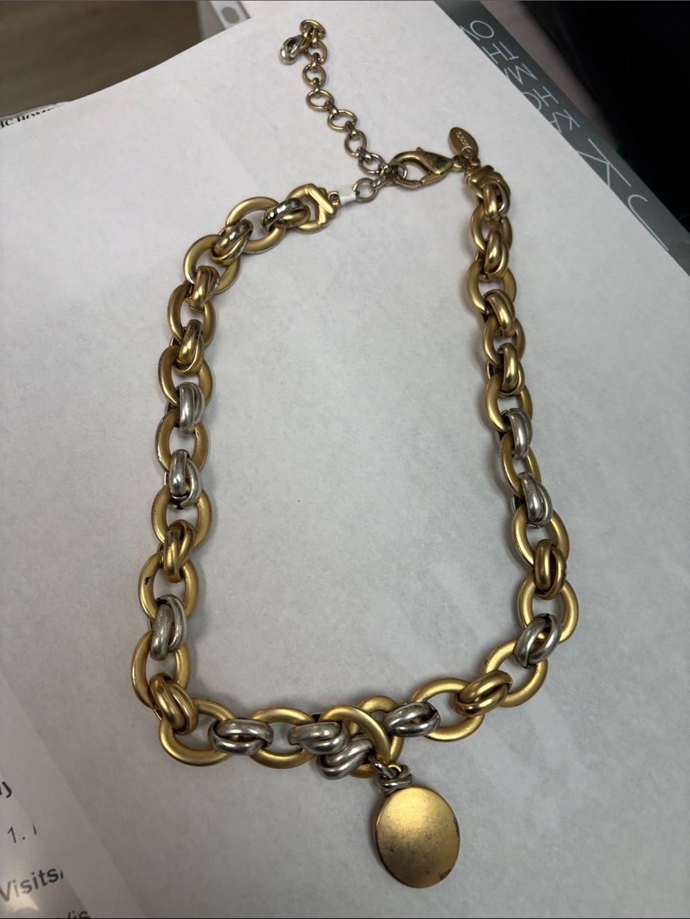 Chico's Two-Tone Gold and Silver Chain Necklace with Round Disc Pendant